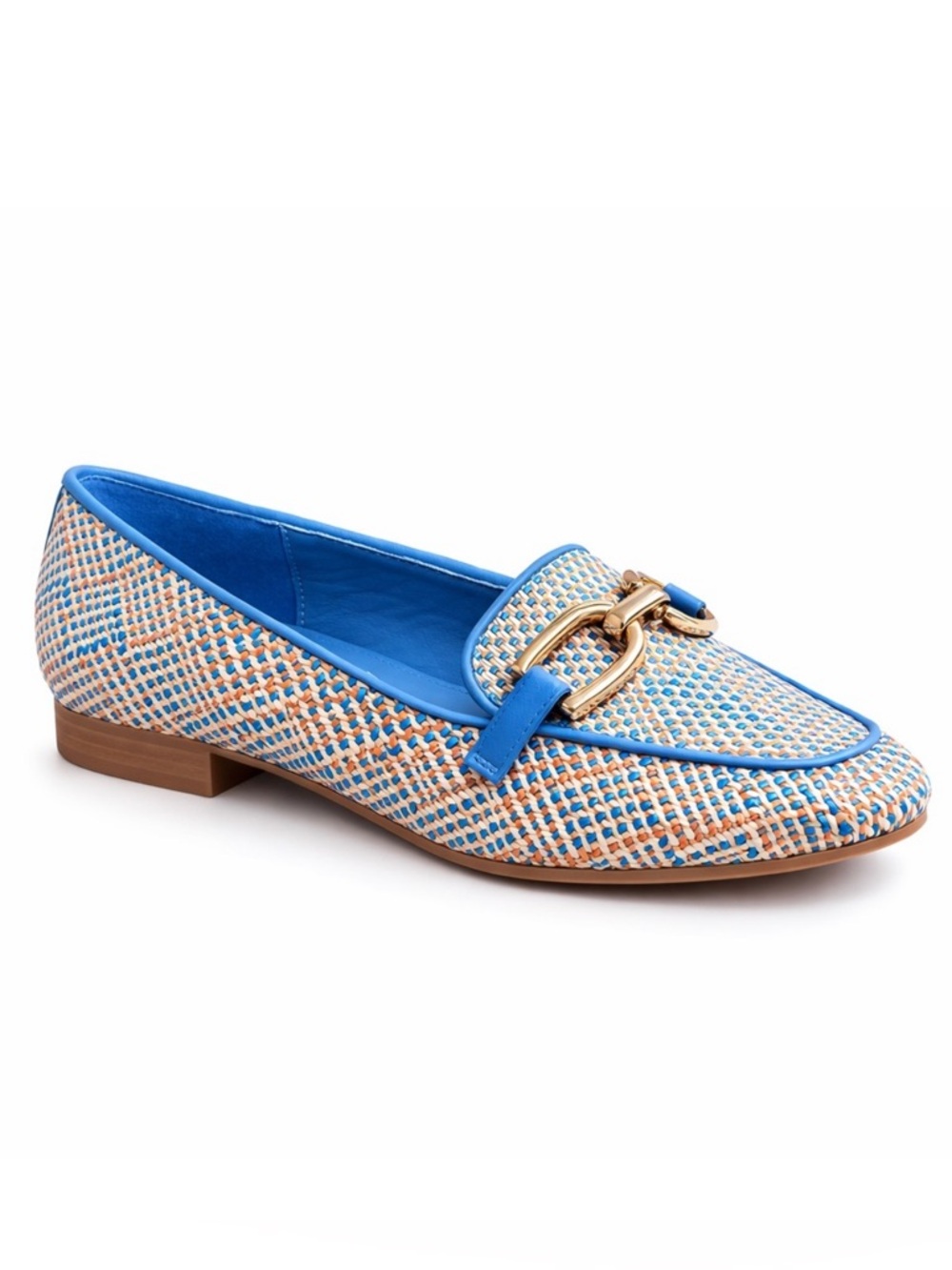NEW TAHARI Royal Woven Loafers Blue, Cream & Tan Raffia Gold Horse Bit Shoes